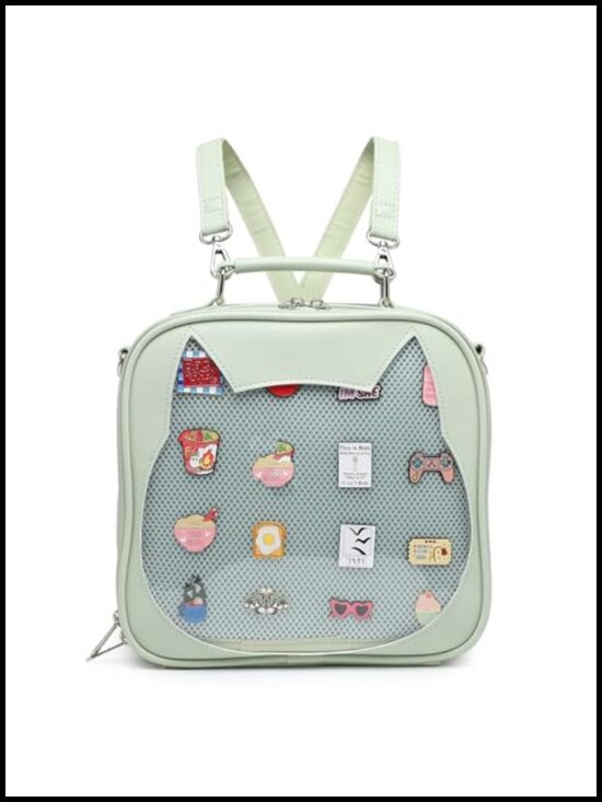 Cat Ita Bag Crossbody Shoulder Backpack Satchel with Pin Display PU Leather